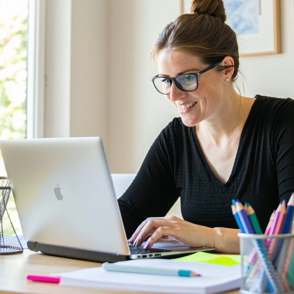 a teacher working on grading on her laptop in a home office-1 a teacher working on grading on her laptop in a home office-1
