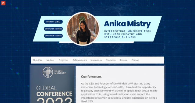Screenshot of Anika Mistry's ePortfolio from Johns Hopkins University
