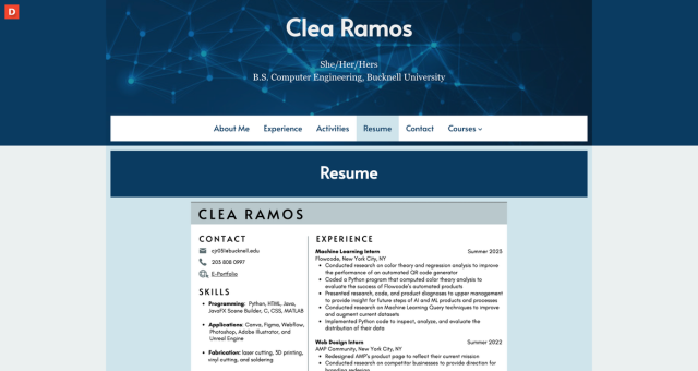 Screenshot of Clea Ramos's ePortfolio from Bucknell University