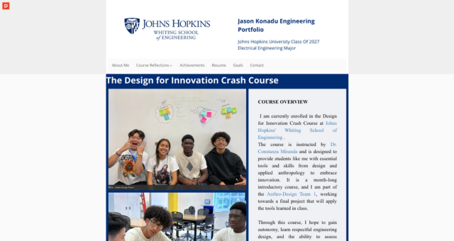 Screenshot of Jason Konadu's ePortfolio from Johns Hopkins University