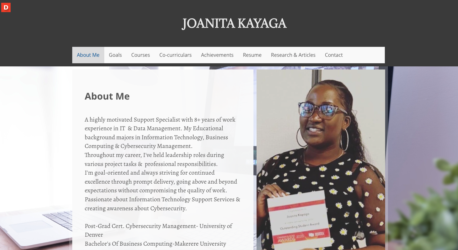 Screenshot of Joanita Kayaga's ePortfolio from University of Denver