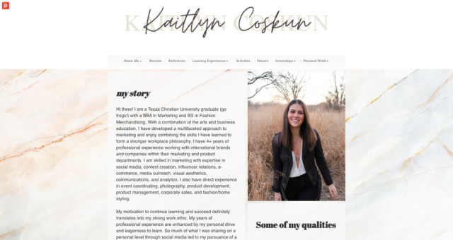 Screenshot of Kaitlyn Coskun's ePortfolio from Texas Christian University