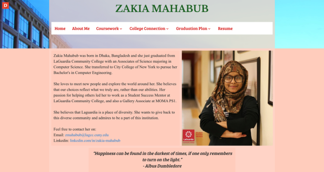 Screenshot of Zakia Mahabub's ePortfolio from LaGuardia Community College CUNY