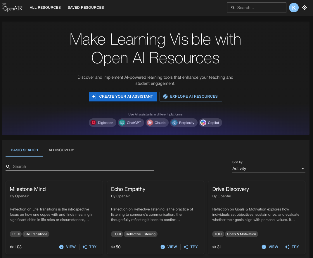 OAIR platform interface showing AI resources and tools for educators